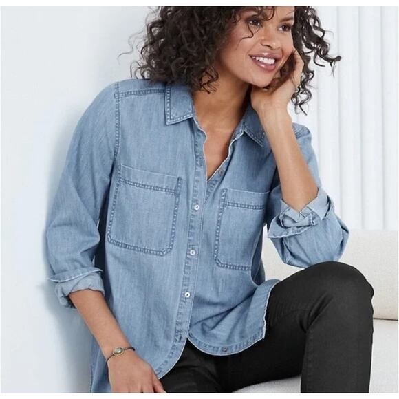 Eileen Fisher Womens Chambray Shirt Button Down Long Sleeve Cotton Blue Size XXS - Picture 1 of 8